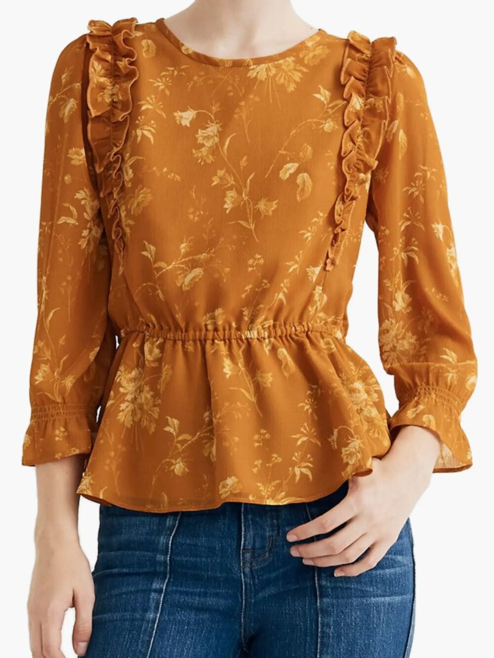 Madewell Ruffle Shoulder Peplum Top Yellow Floral, size M